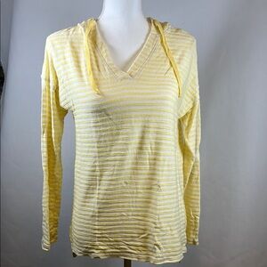 New Directions Yellow and White Striped V-Neck Hooded Pullover